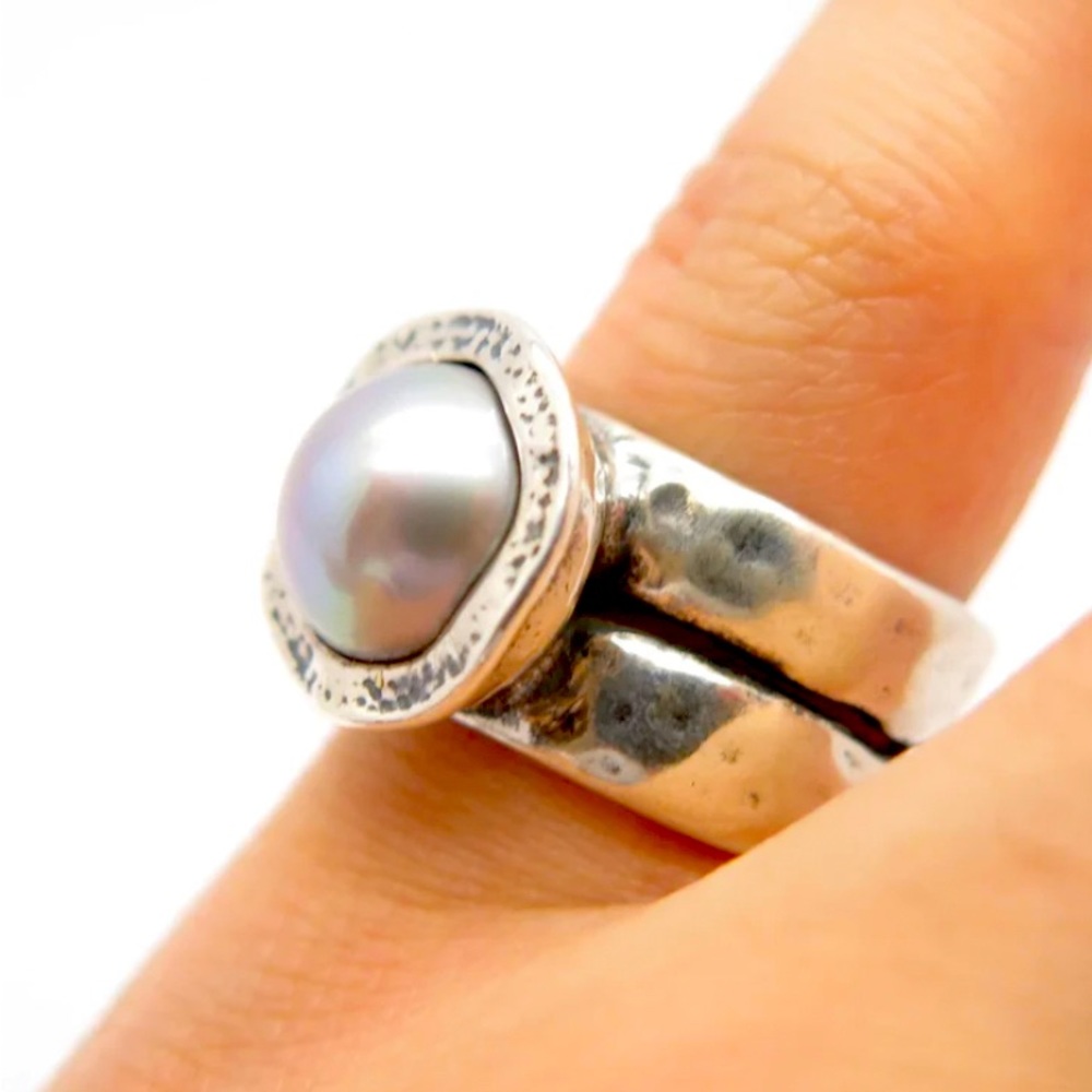 Sz5 925 Sterling Silver Vintage Passage to Israel Real Gray Pearl Ring
